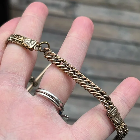 28.46 Gram Gold Filled Albert Chain with Dog Clip, T-Bar and Slide Charm- Flaw - Picture 13 of 17